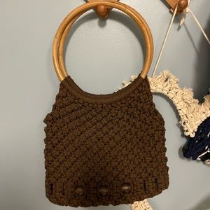 Vintage Brown Macrame Purse with Hoop Handles